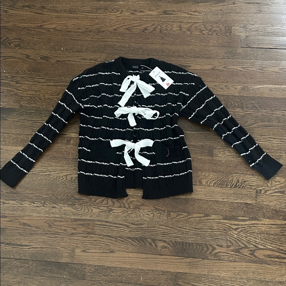NWT - Elegant Black and White Cardigan with Bow Details